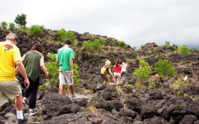 Arenal Volcano Tour Image: Six people walk across jagged terrain on an Arenal Volcano hike.